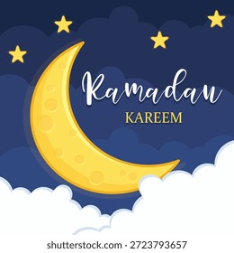 Ramadan kareem greeting card. eid mubarak greeting cartoon illustration vector. moon and star ramadan