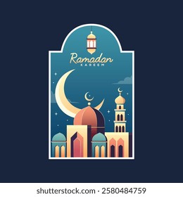 Ramadan kareem greeting card featuring arabic windows with mosque, desert and moon
