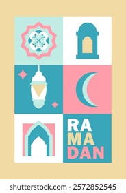 Ramadan Kareem greeting card in flat geometric style with a crescent moon, lantern, mosque arches, ornamental patterns, and bold text. Eid Mubarak modern poster in pink, turquoise, white, gold colors