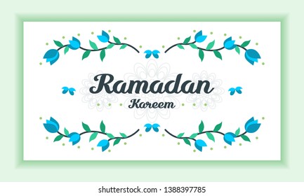 Ramadan kareem greeting card with floral ornament frame, leaves and butterfly