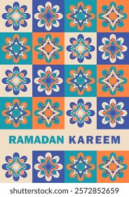 Ramadan Kareem greeting card with floral arabesque in teal, blue, orange, beige arranged in a tiled pattern. Modern, vibrant geometric poster, brochure with bold text. Symmetrical Islamic-inspired art