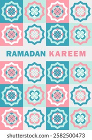 Ramadan Kareem greeting card with floral arabesque in teal, pink, white arranged in a tiled pattern. Modern, vibrant geometric poster, placard, banner with bold text. Symmetrical Islamic-inspired art