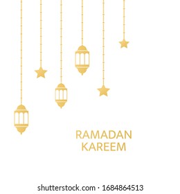 Ramadan Kareem greeting card frame. Golden fanoos, crescent and stars hanging on white background. Luxury gold design elements for banner, poster invitation. Muslim islamic feast. Vector illustration.