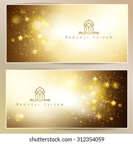 Ramadan Kareem greeting card glowing gold islamic star and crescent