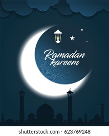 Ramadan Kareem greeting card with glowing crescent moon, mosque, stars and lantern on night background.