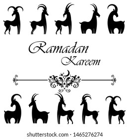 Ramadan Kareem Greeting Card. Ramadan Kareem greeting with goats, moon, stars and hand drawn calligraphy lettering on white background. Horizontal banner. Greeting, invitation card or flyer.  