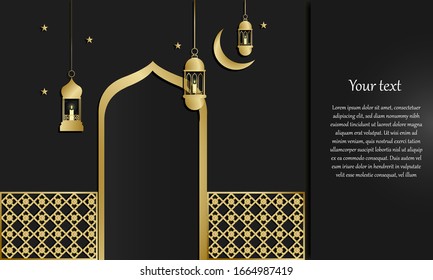 Ramadan Kareem greeting card with gold color. Traditional lanterns, moon, doors and fences. Vector illustration for greeting cards, posters and banners.