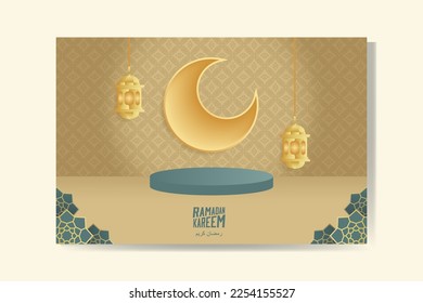 Ramadan Kareem greeting card with gold crescent moon and lantern Ramadan Mubarak. Background vector illustration.