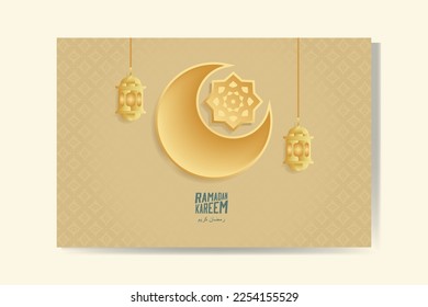 Ramadan Kareem greeting card with gold crescent moon and lantern Ramadan Mubarak. Background vector illustration.