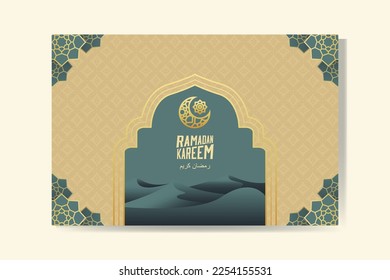 Ramadan Kareem greeting card with gold crescent moon and sand dune Ramadan Mubarak. Background vector illustration
