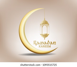 Ramadan Kareem Greeting Card with golden crescent moon and traditional arabic lantern