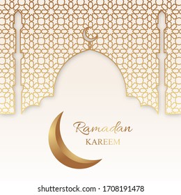 Ramadan Kareem greeting card with golden moon and ornament on a white background.