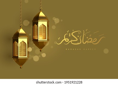 Ramadan Kareem greeting card. Golden hanging lanterns with glowing lights and handwritten arabic calligraphy means Ramadan Kareem. Vector illustration in 3d realistic style for islamic muslim holidays