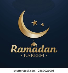 Ramadan Kareem Greeting Card with Golden Crescent Moon and Stars on Dark Blue Background