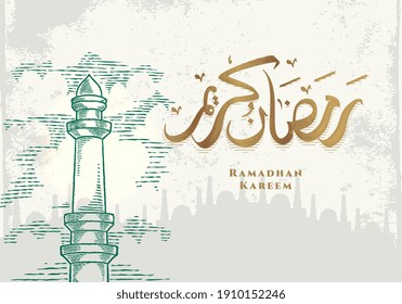 Ramadan Kareem greeting card with green mosque tower. arabic calligraphy means "Holly Ramadan" . Sketch hand drawn vector illustration.