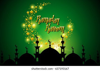 Ramadan Kareem greeting card with half moon and star, gold color vector illustration art