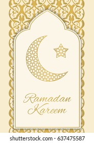 Ramadan Kareem greeting card with half moon and star, gold color vector illustration
