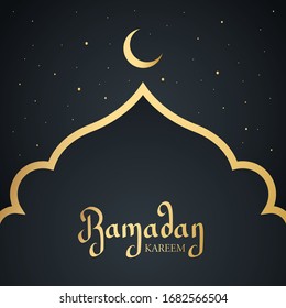 Ramadan Kareem greeting card with hand lettering and gold crescent moon symbol. Template for Ramadan Holy Month greetings and invitations. Vector illustration.