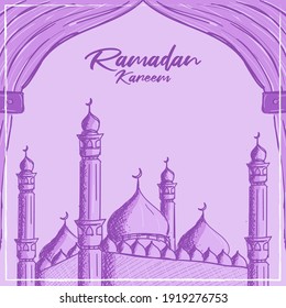 Ramadan kareem greeting card with hand drawn illustration of mosque