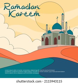 Ramadan Kareem greeting card with hand drawn flat cartoon design Vector Illustration