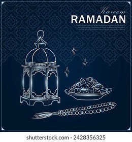 Tarjeta de felicitación de Ramadán Kareem con linterna árabe lineal de plata dibujada a mano, rosario musulmán rezando cuentas y dátiles en un tazón como plato para Iftar. Afiche azul oscuro con patrón arabesco para Eid Mubarak