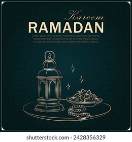 Tarjeta de felicitación de Ramadán Kareem con una linterna árabe lineal de oro dibujada a mano, rosario musulmán rezando cuentas y dátiles en un tazón como plato para Iftar. Afiche verde oscuro con patrón arabesco para Eid Mubarak