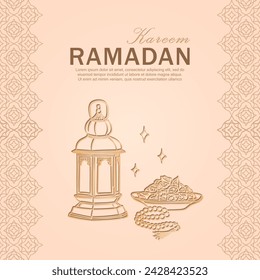 Tarjeta de felicitación de Ramadán Kareem con una linterna árabe lineal de oro dibujada a mano, rosario musulmán rezando cuentas y dátiles en un tazón como plato para Iftar. Afiche beige suave con estampado arabesco para Eid Mubarak