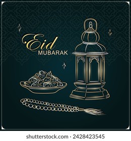 Ramadan kareem greeting card with hand drawn linear golden Arabic lantern, Muslim rosary praying beads and dates in a bowl as dish for Iftar on dark green background. Eid Mubarak vector poster