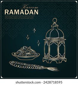 Tarjeta de felicitación de Ramadán Kareem con una linterna árabe lineal de oro dibujada a mano, rosario musulmán rezando cuentas y dátiles en un tazón como plato para Iftar. Afiche verde oscuro con patrón arabesco para Eid Mubarak