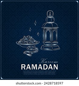 Tarjeta de felicitación de Ramadán Kareem con linterna árabe lineal de plata dibujada a mano, rosario musulmán rezando cuentas y dátiles en un tazón como plato para Iftar. Afiche azul oscuro con patrón arabesco para Eid Mubarak