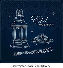 Ramadan kareem greeting card with hand drawn linear silver Arabic lantern, Muslim rosary praying beads and dates in a bowl as dish for Iftar on dark blue background. Eid Mubarak vector poster