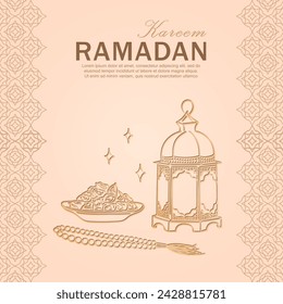 Ramadan Kareem greeting card with hand drawn linear golden Arabic lantern, Muslim rosary praying beads and dates in a bowl as a dish for Iftar. Beige poster with arabesque pattern for Eid Mubarak