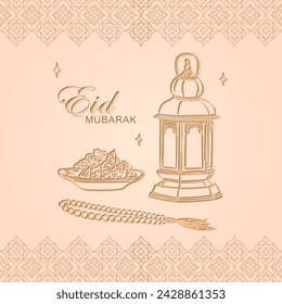 Ramadan kareem greeting card with hand drawn linear golden Arabic lantern, Muslim rosary praying beads and dates in a bowl as dish for Iftar on soft beige background. Eid Mubarak vector poster