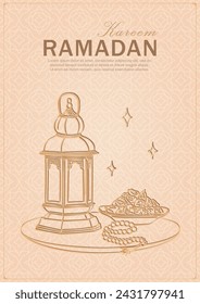 Tarjeta de felicitación de Ramadán Kareem con una linterna árabe lineal de oro dibujada a mano, rosario musulmán rezando cuentas y dátiles en un tazón como plato para Iftar. Afiche beige suave con estampado arabesco para Eid Mubarak