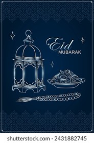 Tarjeta de felicitación de Ramadán Kareem con linterna árabe lineal de plata dibujada a mano, rosario musulmán rezando cuentas y dátiles en un tazón como plato para Iftar. Afiche azul oscuro con patrón arabesco para Eid Mubarak