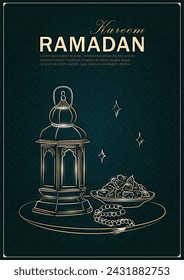 Ramadan Kareem greeting card with hand drawn linear golden Arabic lantern, Muslim rosary praying beads and dates in a bowl as a dish for Iftar. Dark green poster with arabesque pattern for Eid Mubarak