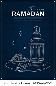 Tarjeta de felicitación de Ramadán Kareem con linterna árabe lineal de plata dibujada a mano, rosario musulmán rezando cuentas y dátiles en un tazón como plato para Iftar. Afiche azul oscuro con patrón arabesco para Eid Mubarak