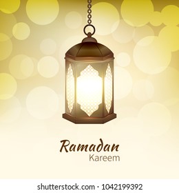 Ramadan Kareem - greeting card with hanging islamic lantern on golden bokeh background for Muslim Community festival. Bright lamp. Graphic design element for invitation, flyer. Vector illustration