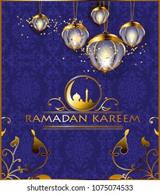 Ramadan kareem greeting card  with hanging gold lanterns and arabic patterns. Vector illustration
