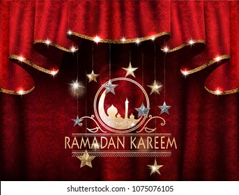 Ramadan kareem greeting card with hanging stars and curtains with arabic print on the background. Vector illustration