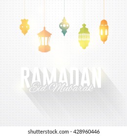 Ramadan Kareem Greeting Card, Hanging Lantern and Lamps - Arabic "Eid Mubarak", "be Blessed" English