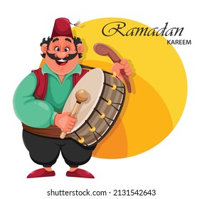 Ramadan Kareem greeting card. Happy Ramadan. Funny cartoon character drummer.