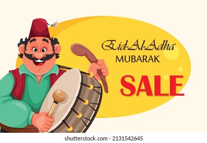 Ramadan Kareem greeting card. Happy Ramadan. Funny cartoon character playing drum