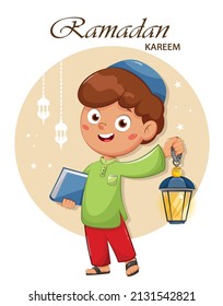 Ramadan Kareem Greeting Card. Happy Ramadan. Cute Cartoon Character Muslim Boy Holding Lantern. 