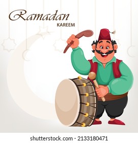 Ramadan Kareem greeting card. Happy Ramadan. Funny cartoon character playing drum