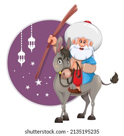 Ramadan Kareem greeting card. Happy Ramadan. Eid al-Adha Mubarak. Funny cartoon character Nasreddin Hodja sitting on donkey