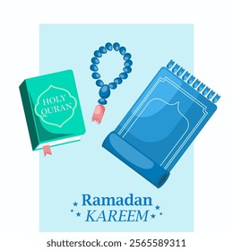 Ramadan Kareem greeting card with holy book and rosary. Vector illustration