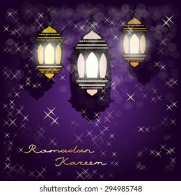 Ramadan Kareem greeting card with illuminated lamps on purple background. EPS 10.