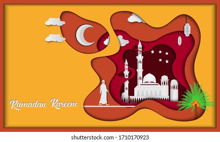 Ramadan Kareem greeting card . Illustration of ramadan with a man in white  walking to the beautiful mosque with moon, cloud and lanterns. 