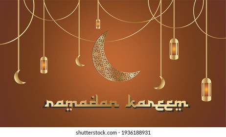 Ramadan kareem greeting card illustration vector. Gold crescent moon and lantern of ramadan design. social media feed, wallpaper, greeting card, brochures, flyers, and banner template.